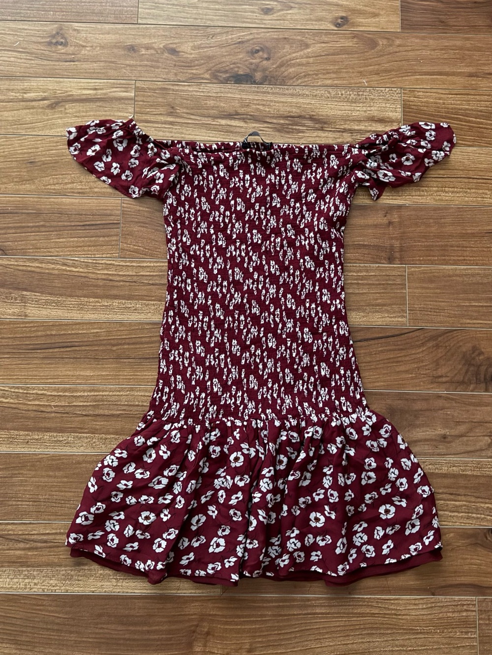 Zara Burgundy Floral Off Shoulder Smocked Ruffle Dress Size XS